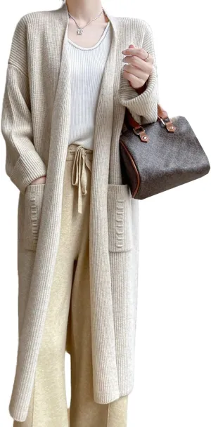 100% Merino Wool Knitted Sweater Cardigans Women's Thick Long Coat with Pockets Jacket Winter