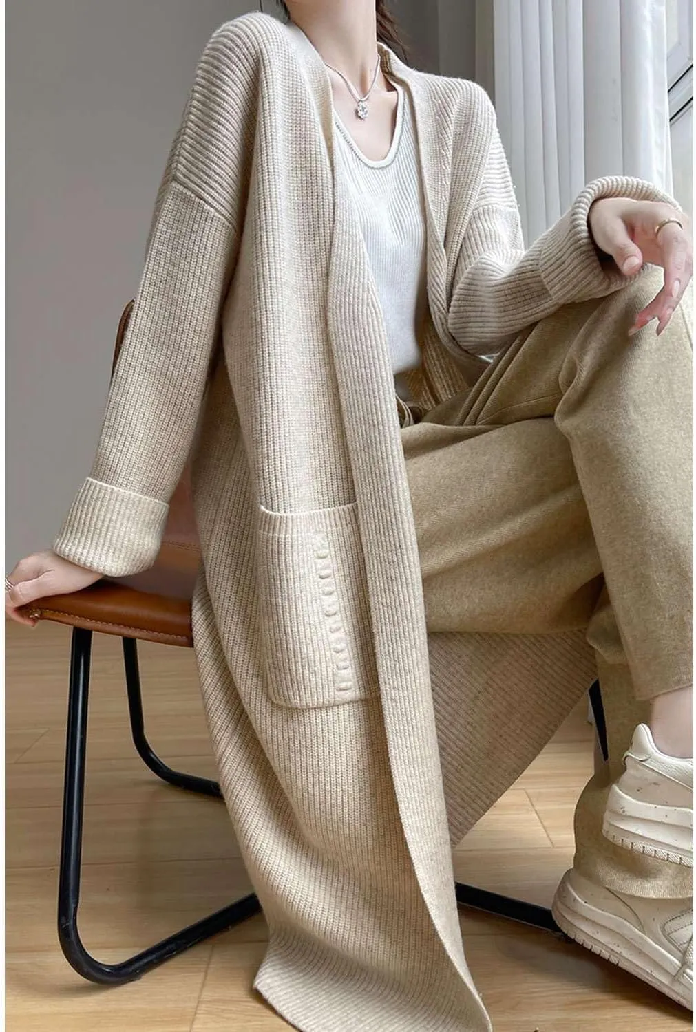 100% Merino Wool Knitted Sweater Cardigans Women's Thick Long Coat with Pockets Jacket Winter