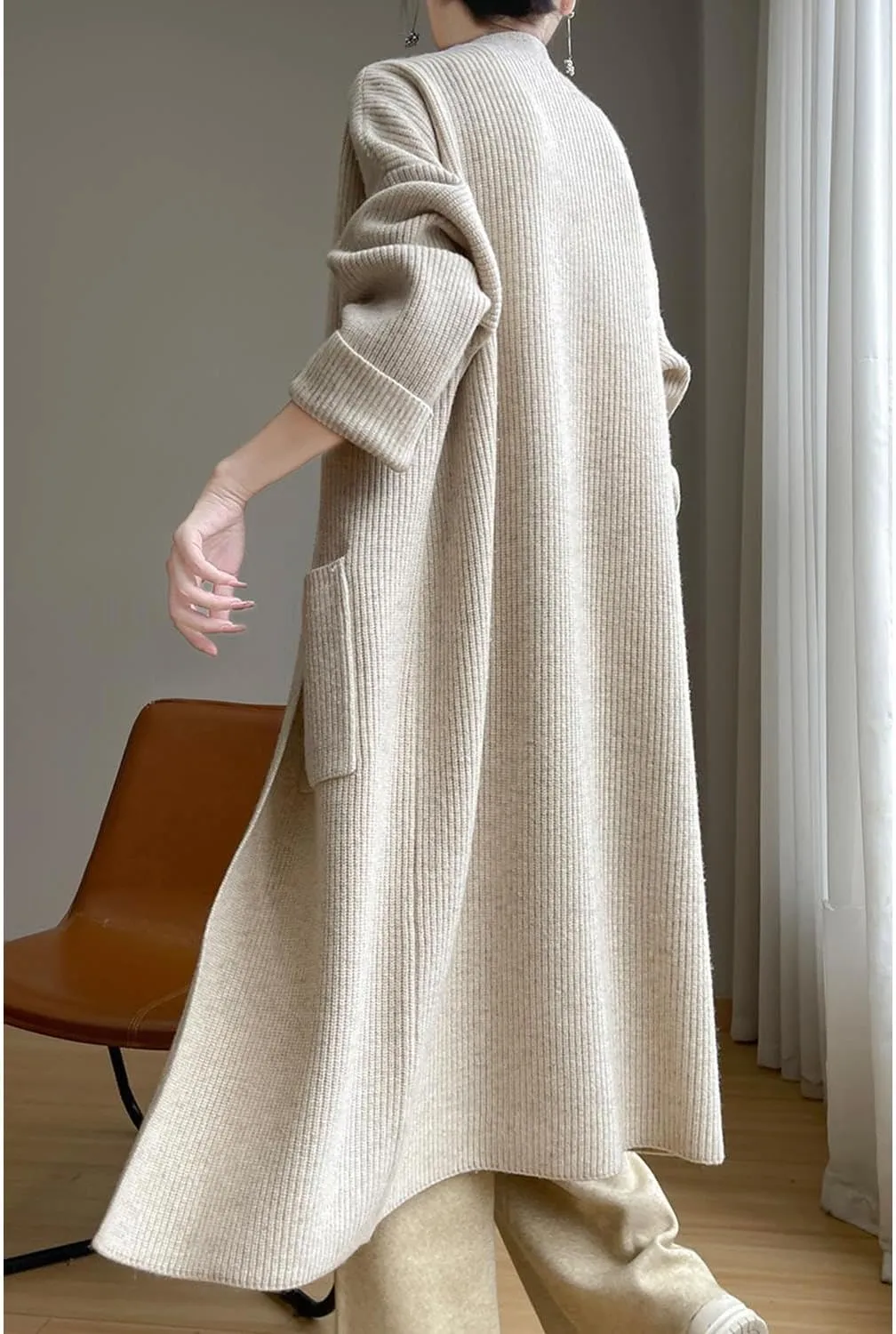 100% Merino Wool Knitted Sweater Cardigans Women's Thick Long Coat with Pockets Jacket Winter