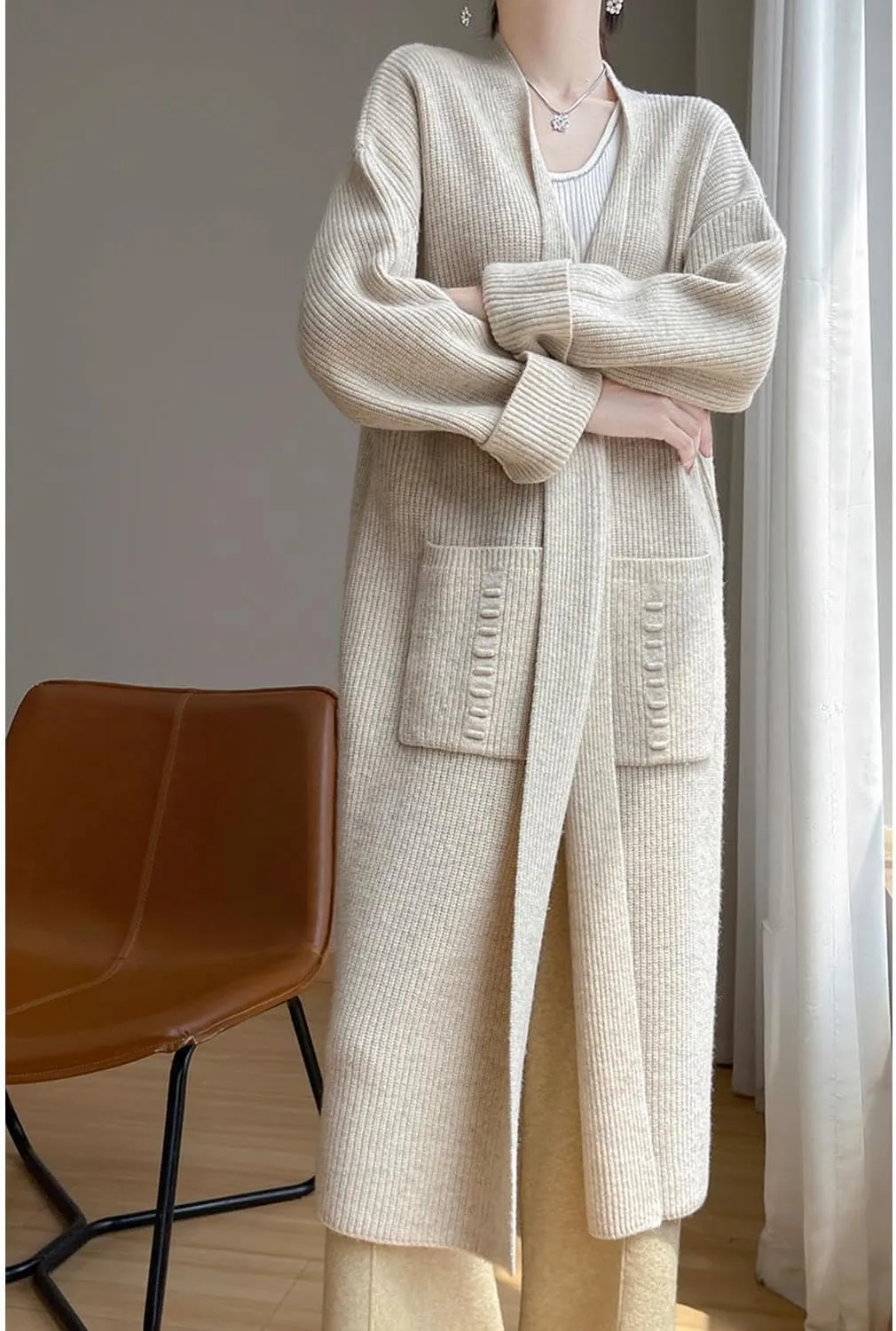 100% Merino Wool Knitted Sweater Cardigans Women's Thick Long Coat with Pockets Jacket Winter