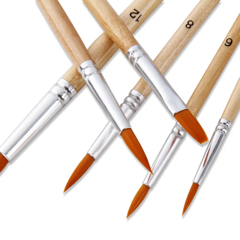 12 Nylon Wool Watercolor Brush 6 Pointed 6 Flat Wood Color Rod Art