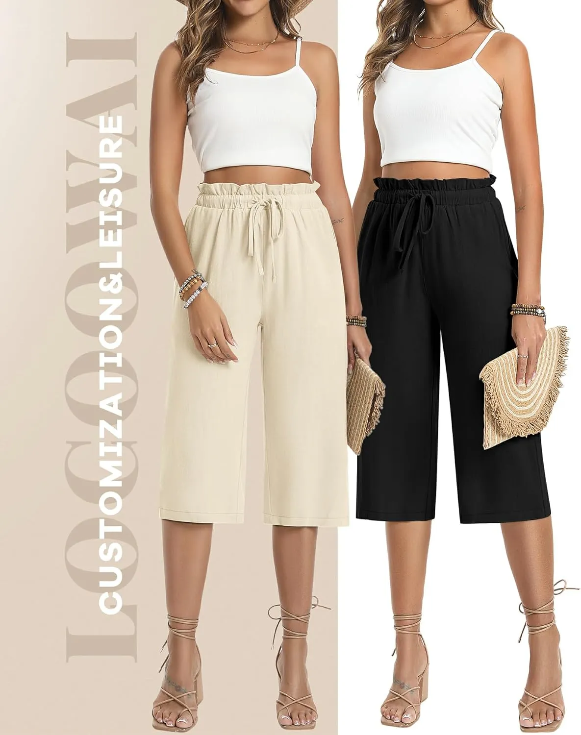 2 Pack Women's Linen Cotton Capri Pants Drawstring High Waisted Loose Wide Leg Casual Summer Trousers with Pockets