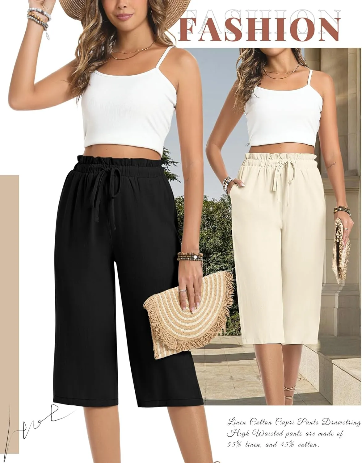 2 Pack Women's Linen Cotton Capri Pants Drawstring High Waisted Loose Wide Leg Casual Summer Trousers with Pockets