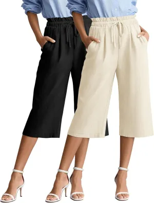 2 Pack Women's Linen Cotton Capri Pants Drawstring High Waisted Loose Wide Leg Casual Summer Trousers with Pockets
