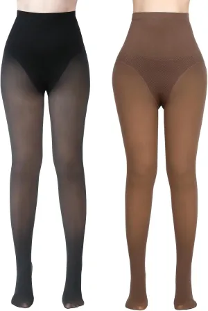 2 Pairs Women Fleece Lined Tights - Triangle Crotch Design Warm Pantyhose Skin Colored Tights for Winter