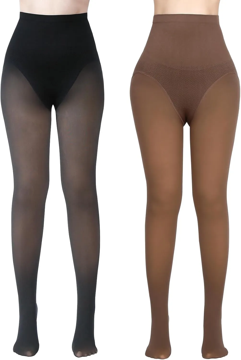 2 Pairs Women Fleece Lined Tights - Triangle Crotch Design Warm Pantyhose Skin Colored Tights for Winter