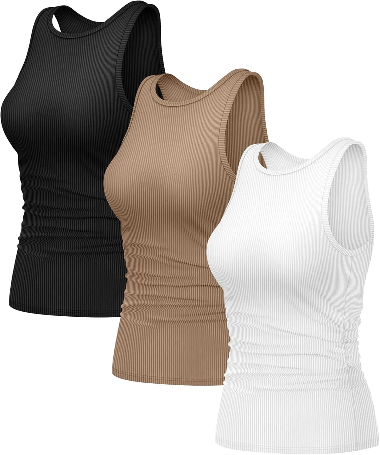 3 Pack Women's Sleeveless Tank Tops, Ribbed Knit Slim Fit Crew Neck Tops Side Ruched Summer Racerback Workout Shirts