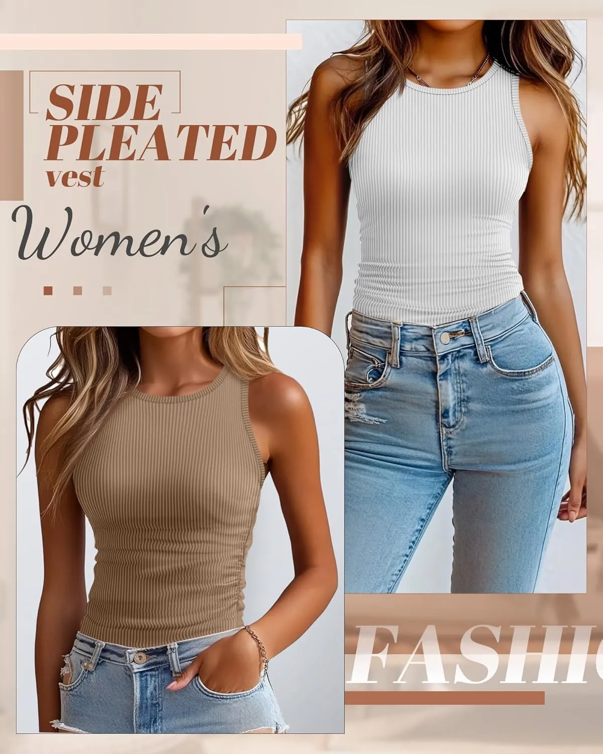 3 Pack Women's Sleeveless Tank Tops, Ribbed Knit Slim Fit Crew Neck Tops Side Ruched Summer Racerback Workout Shirts