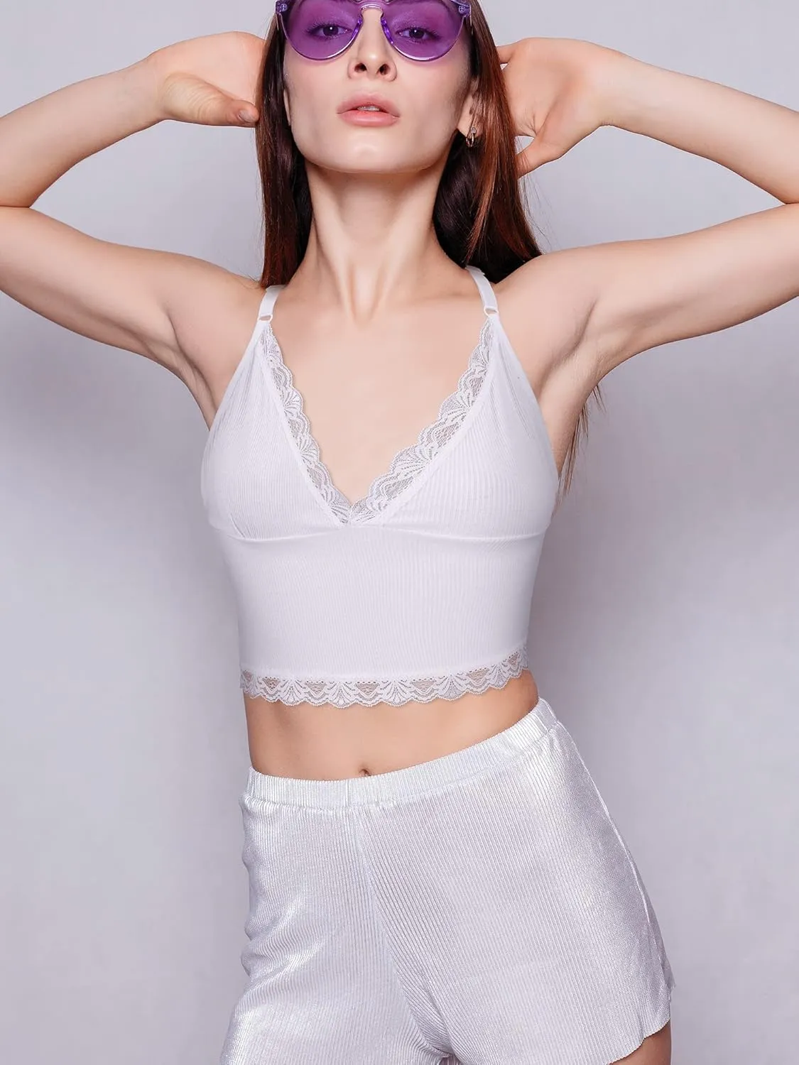 4 Pcs Women's Sleeveless Cami Crop Top Camisole Lace Trim V Neck Spaghetti Strap Tank Tops for Women Girl Ribbed Rave Clothes