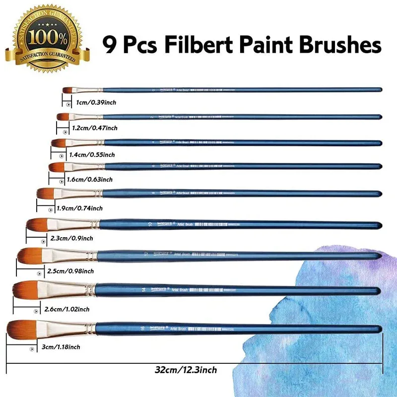 9 Piece Professional Artist Brush Set For Acrylic Oil Watercolour Gouache Painting