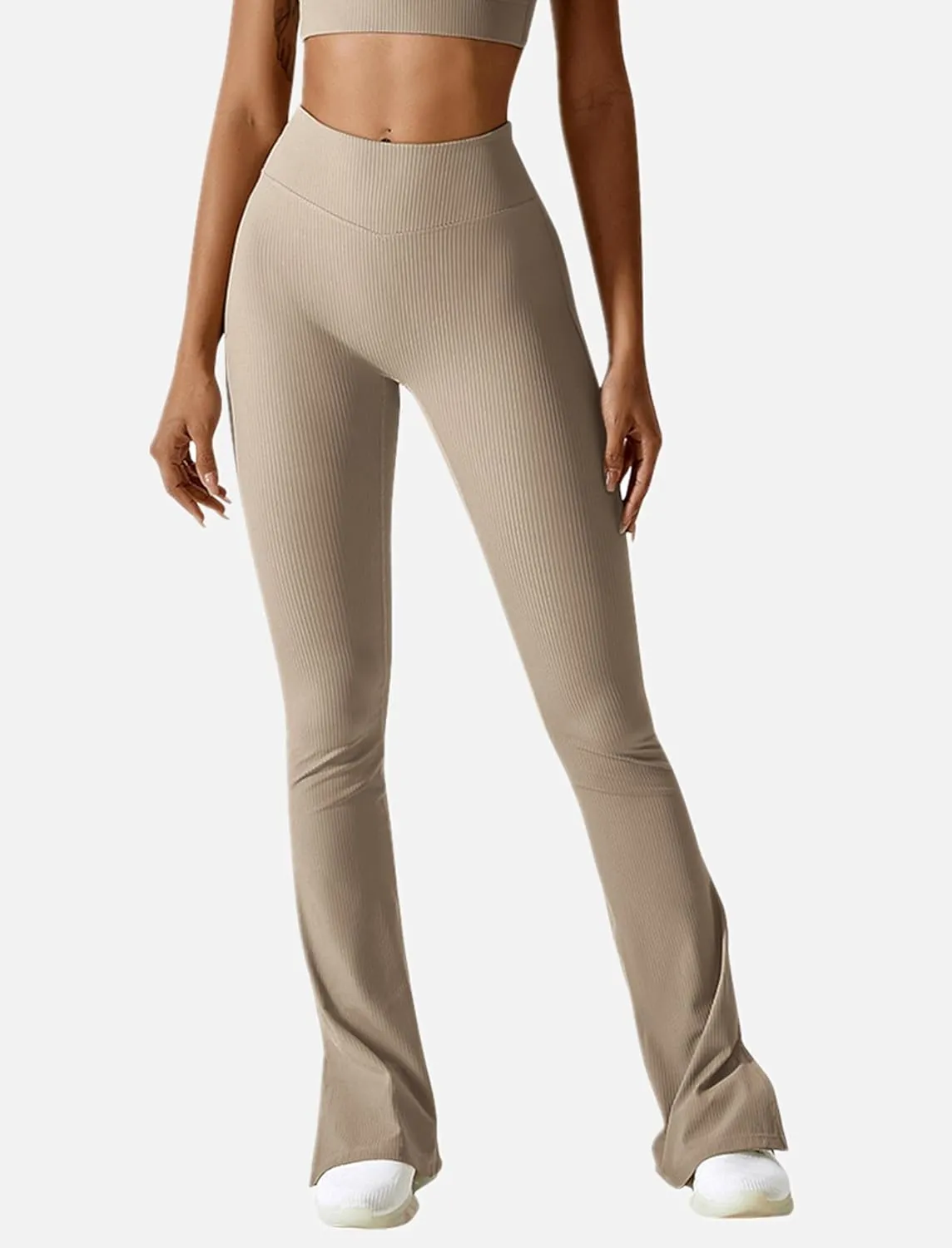 ABOCIW Women Ribbed Seamless Slit Hem Flared Leggings High Waist Bootcut Yoga Pants Tummy Control Workout Bootleg Pants