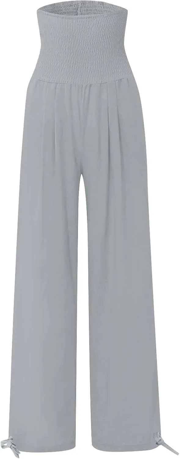 ADHOWBEW Linen Pants Womens Trendy Relaxed Fit Spring 2025 Comfy Work Dressy Elastic Waist Flowy Vacation Casual Trousers