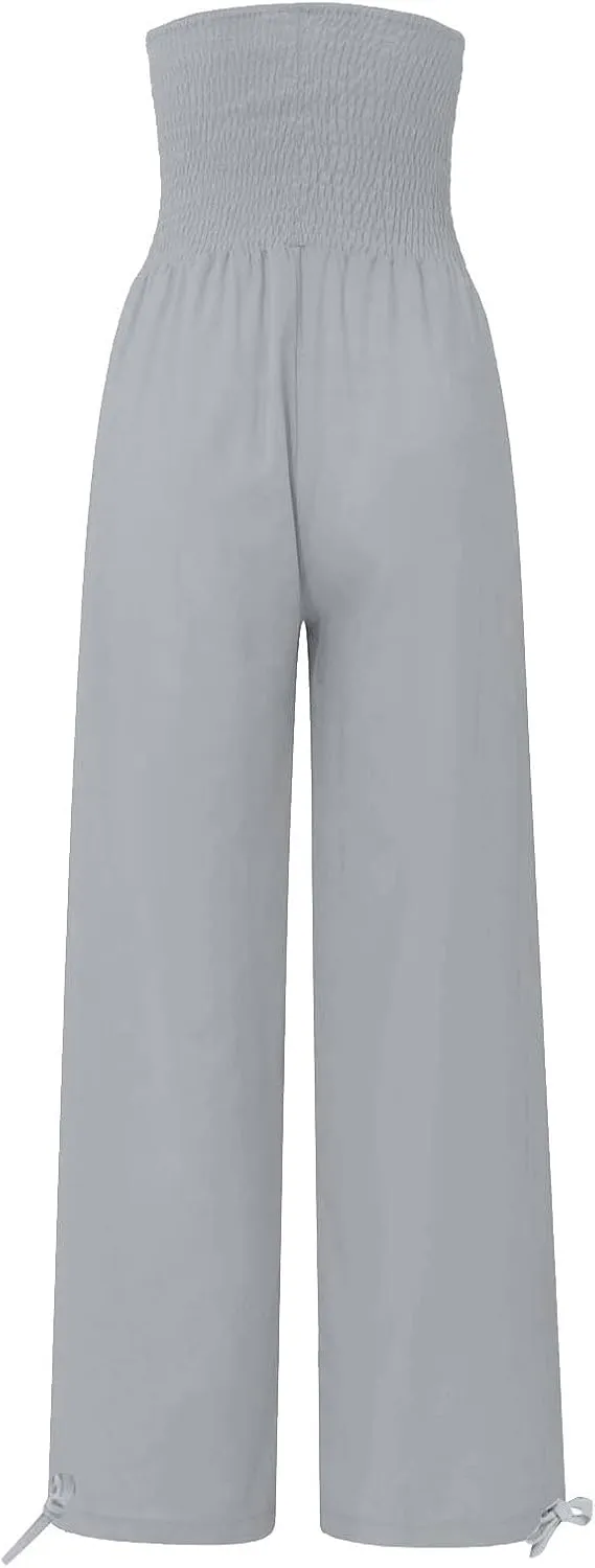 ADHOWBEW Linen Pants Womens Trendy Relaxed Fit Spring 2025 Comfy Work Dressy Elastic Waist Flowy Vacation Casual Trousers