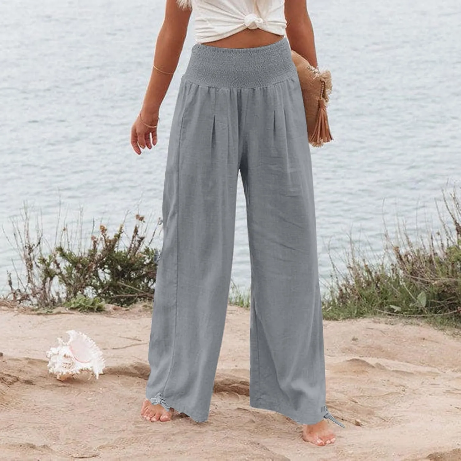 ADHOWBEW Linen Pants Womens Trendy Relaxed Fit Spring 2025 Comfy Work Dressy Elastic Waist Flowy Vacation Casual Trousers