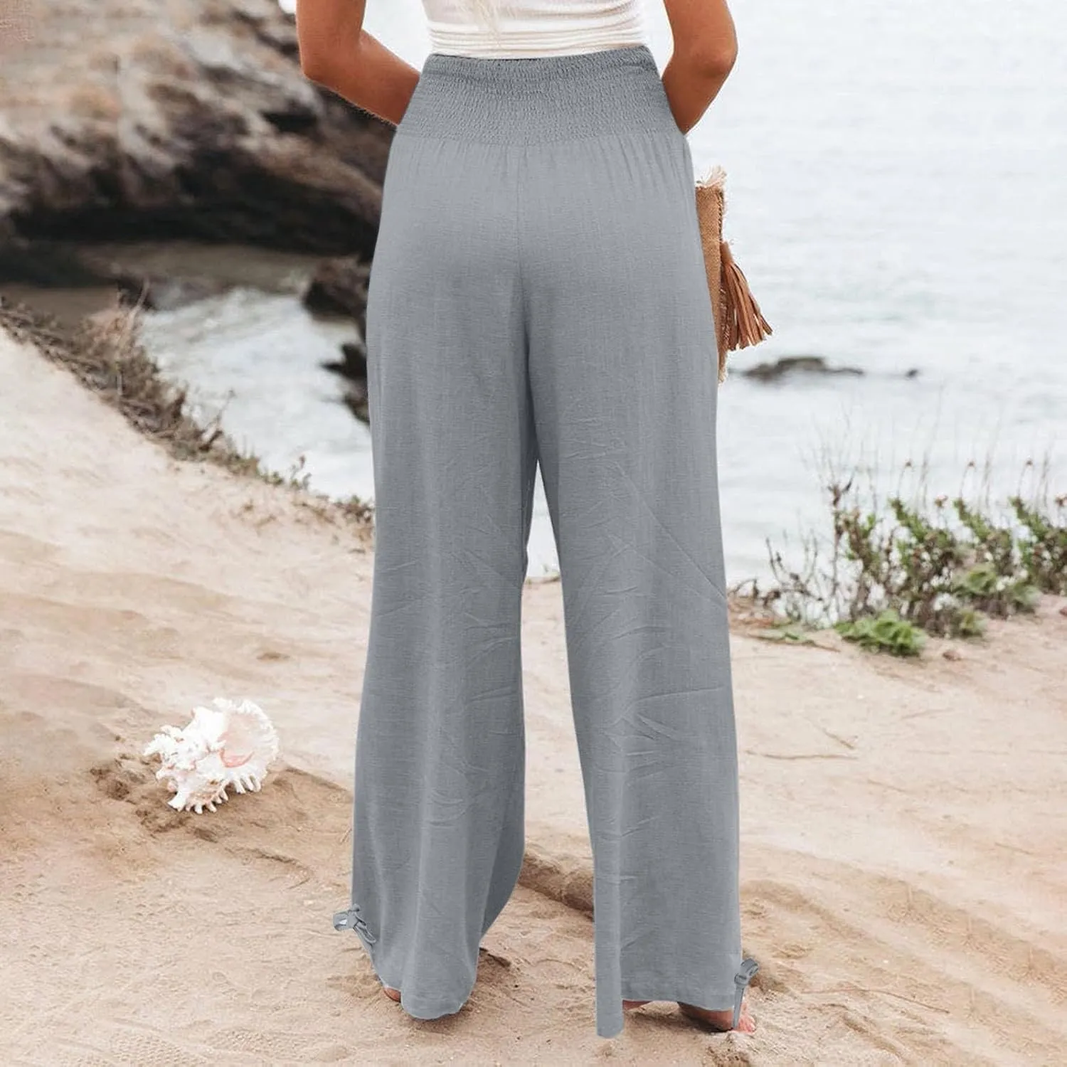 ADHOWBEW Linen Pants Womens Trendy Relaxed Fit Spring 2025 Comfy Work Dressy Elastic Waist Flowy Vacation Casual Trousers