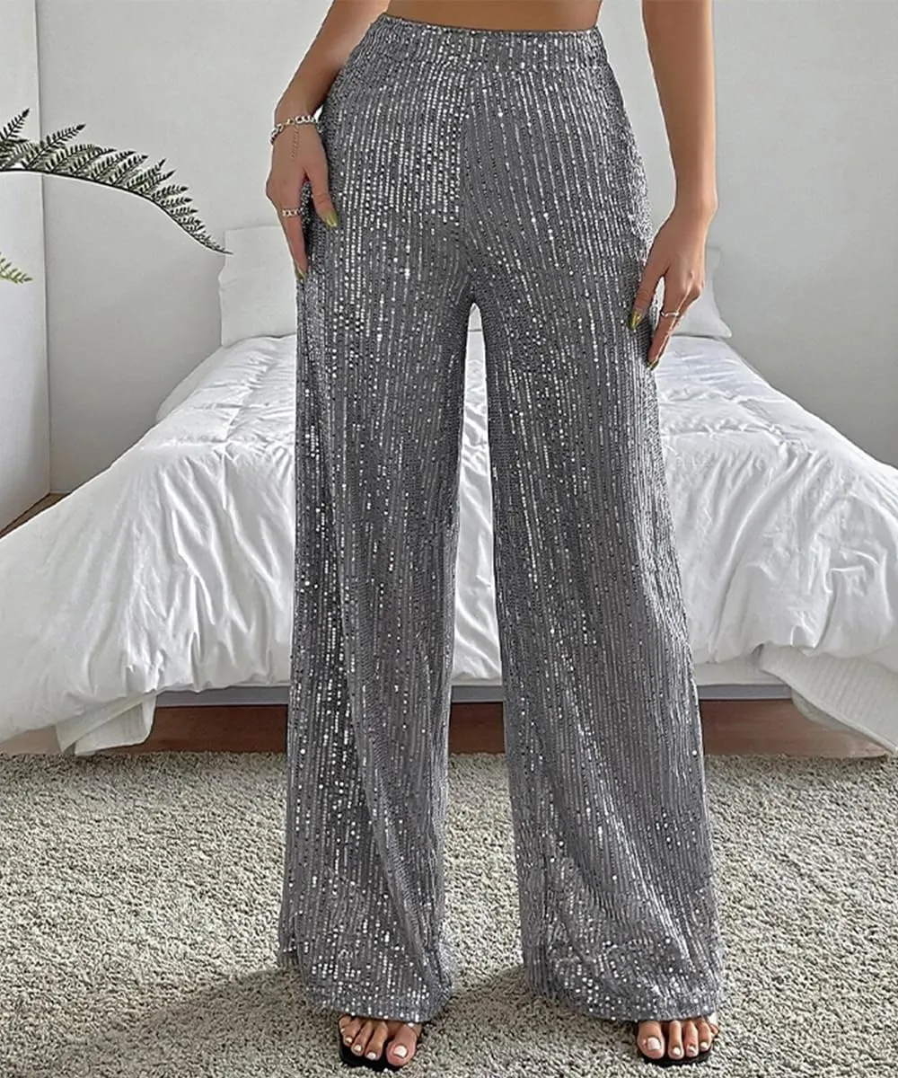 Aelidiya Women's Glitter Sequin Long Loose Pants Bling Party Clubwear Elastic Casual Pants