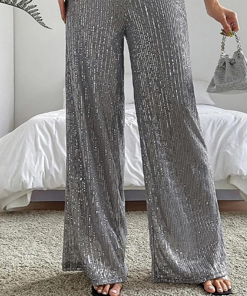 Aelidiya Women's Glitter Sequin Long Loose Pants Bling Party Clubwear Elastic Casual Pants