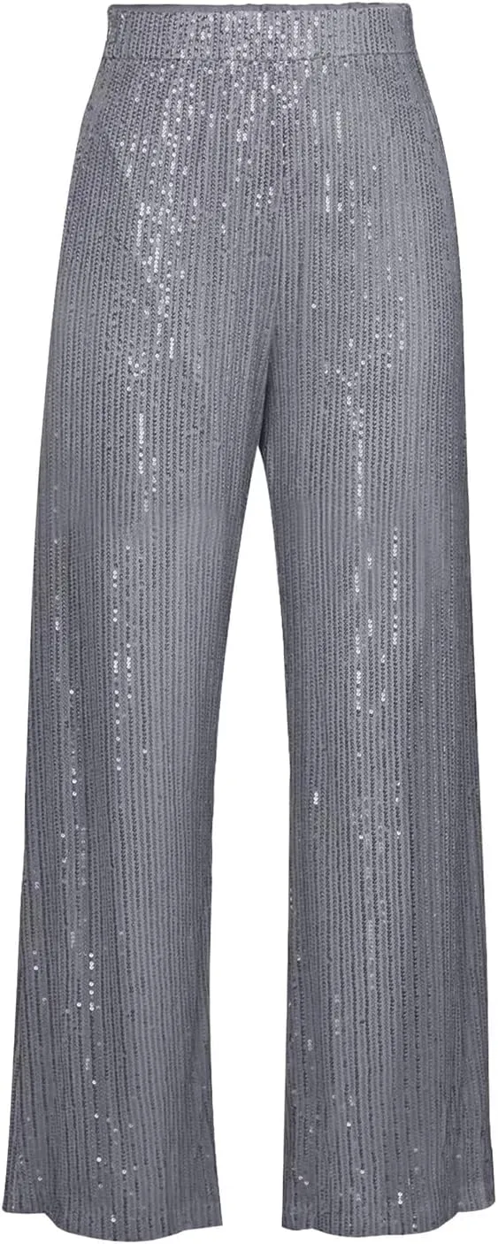 Aelidiya Women's Glitter Sequin Long Loose Pants Bling Party Clubwear Elastic Casual Pants