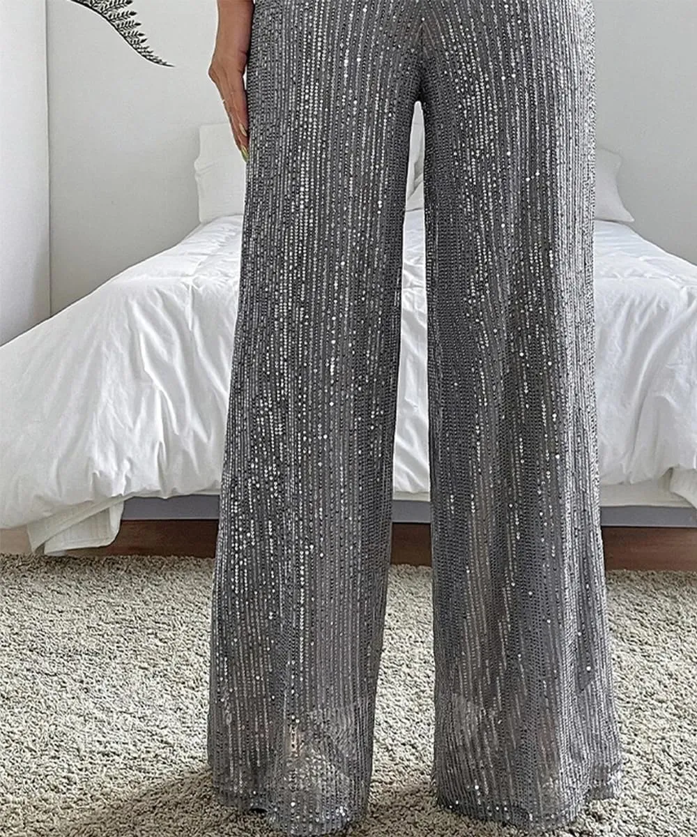 Aelidiya Women's Glitter Sequin Long Loose Pants Bling Party Clubwear Elastic Casual Pants