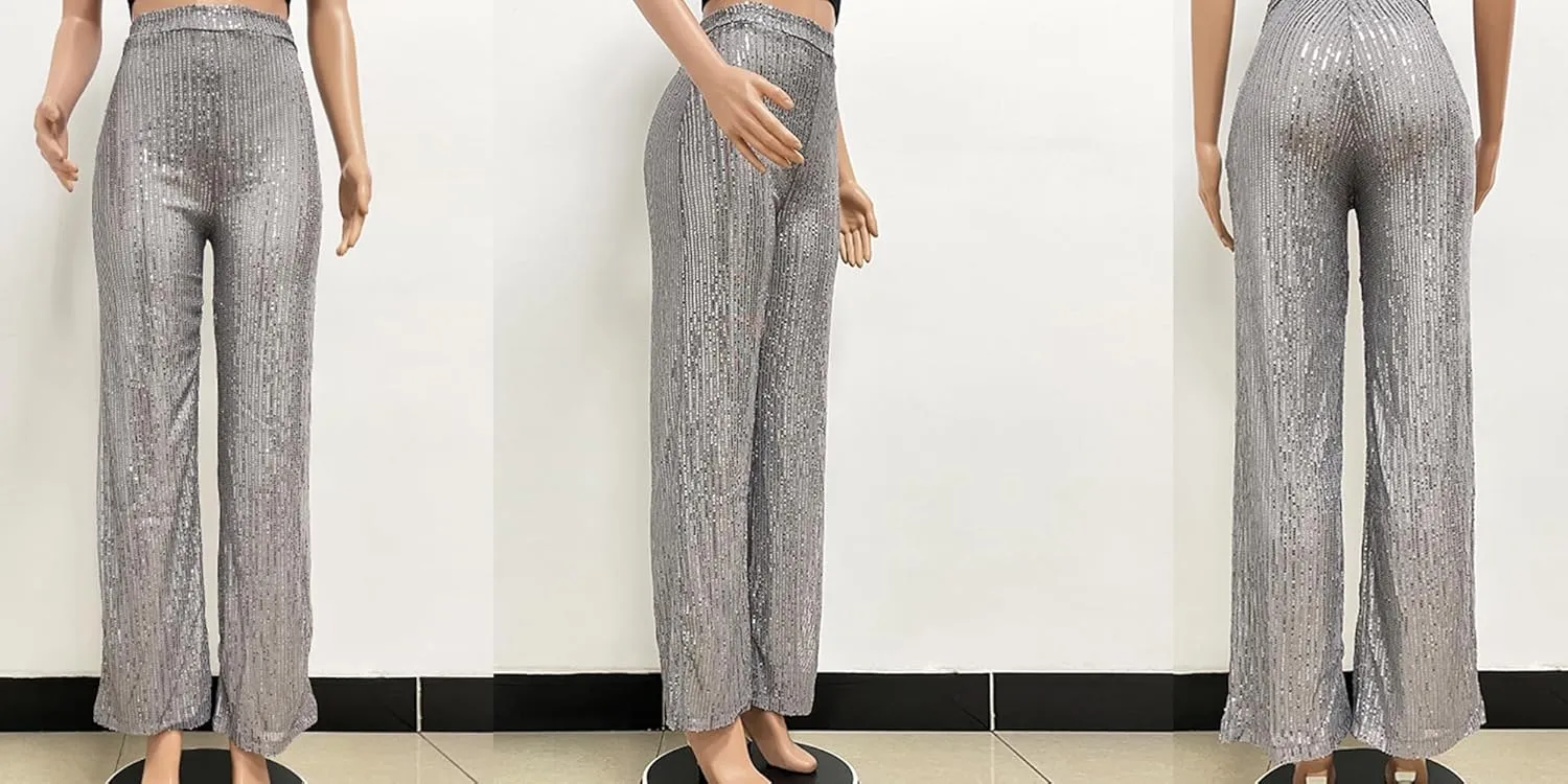 Aelidiya Women's Glitter Sequin Long Loose Pants Bling Party Clubwear Elastic Casual Pants