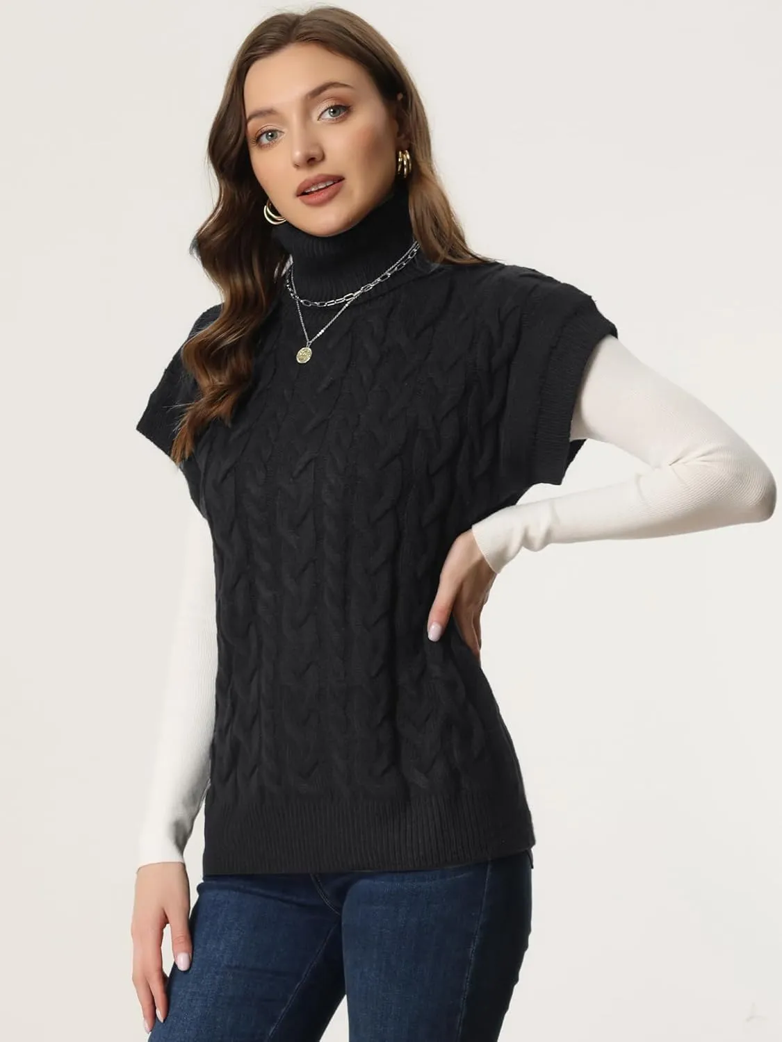 Allegra K Women's Casual Turtleneck Sweaters Mock Neck Twist Sleeveless Vests Knit Pullover Sweater Vest
