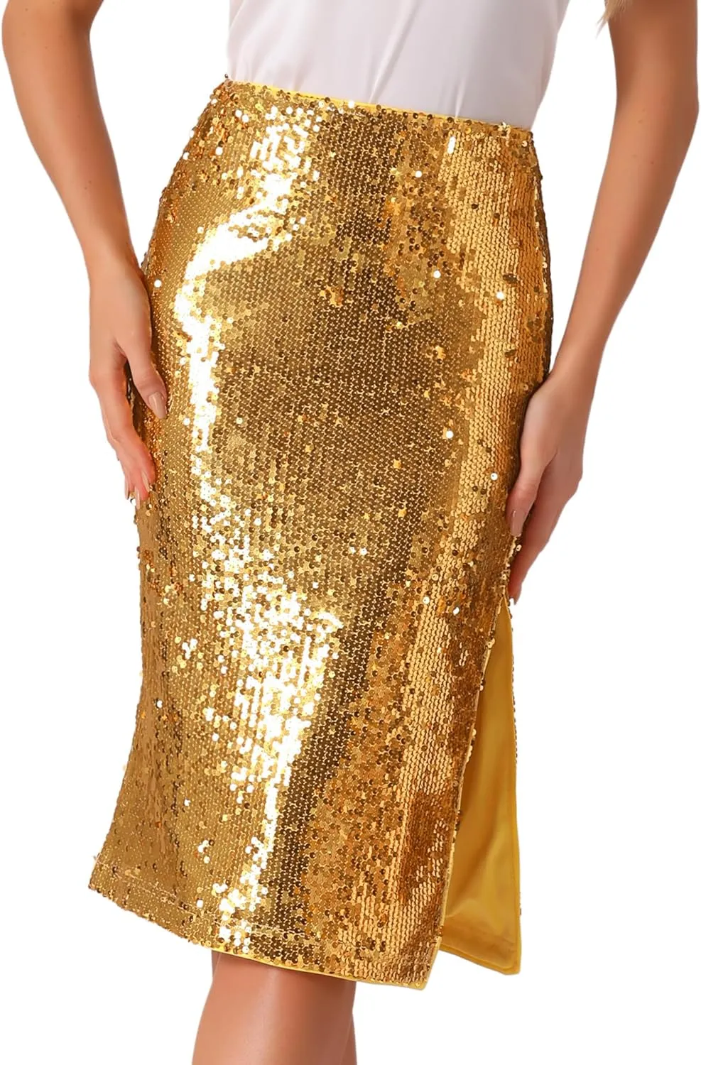 Allegra K Women's Sequin Skirt Sparkly Glitter Side Slit High Waisted Party Cocktail Club Midi Pencil Skirts