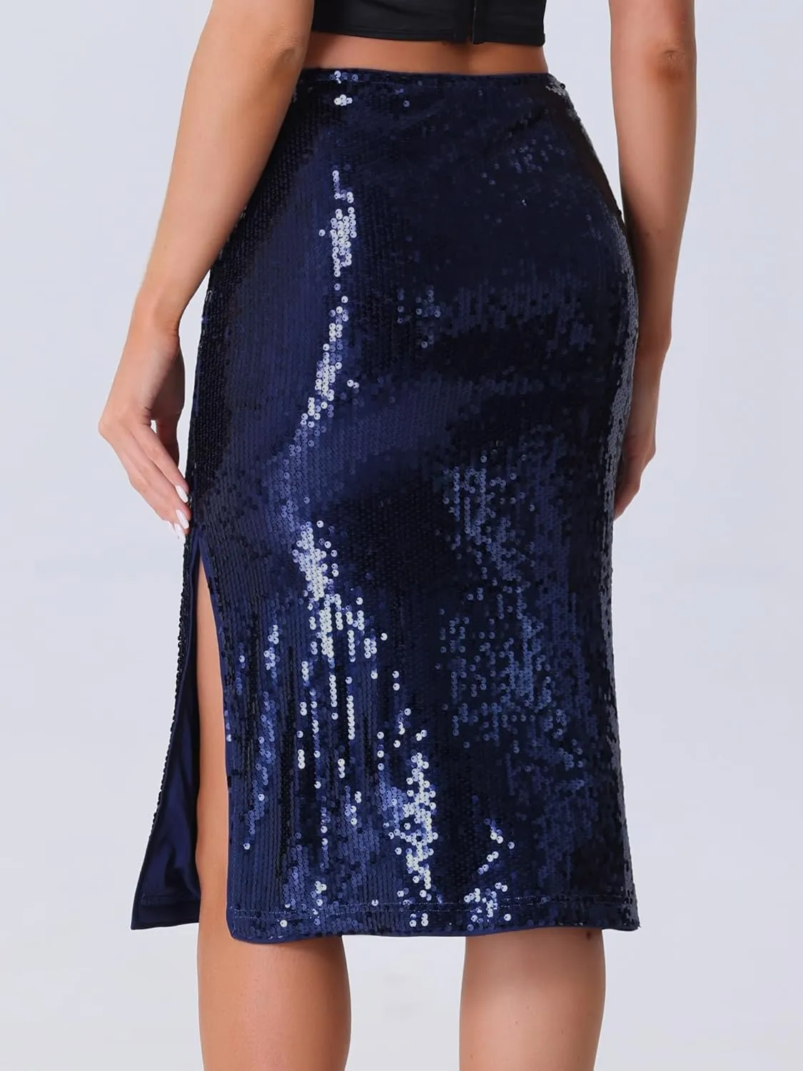 Allegra K Women's Sequin Skirt Sparkly Glitter Side Slit High Waisted Party Cocktail Club Midi Pencil Skirts