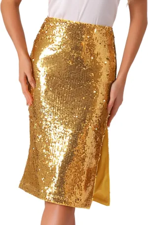 Allegra K Women's Sequin Skirt Sparkly Glitter Side Slit High Waisted Party Cocktail Club Midi Pencil Skirts