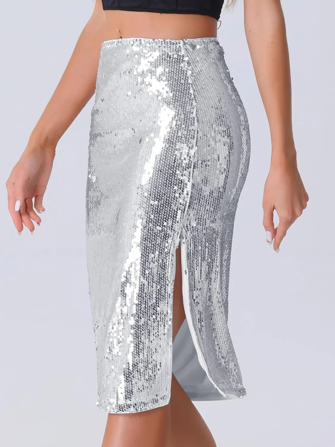 Allegra K Women's Sequin Skirt Sparkly Glitter Side Slit High Waisted Party Cocktail Club Midi Pencil Skirts