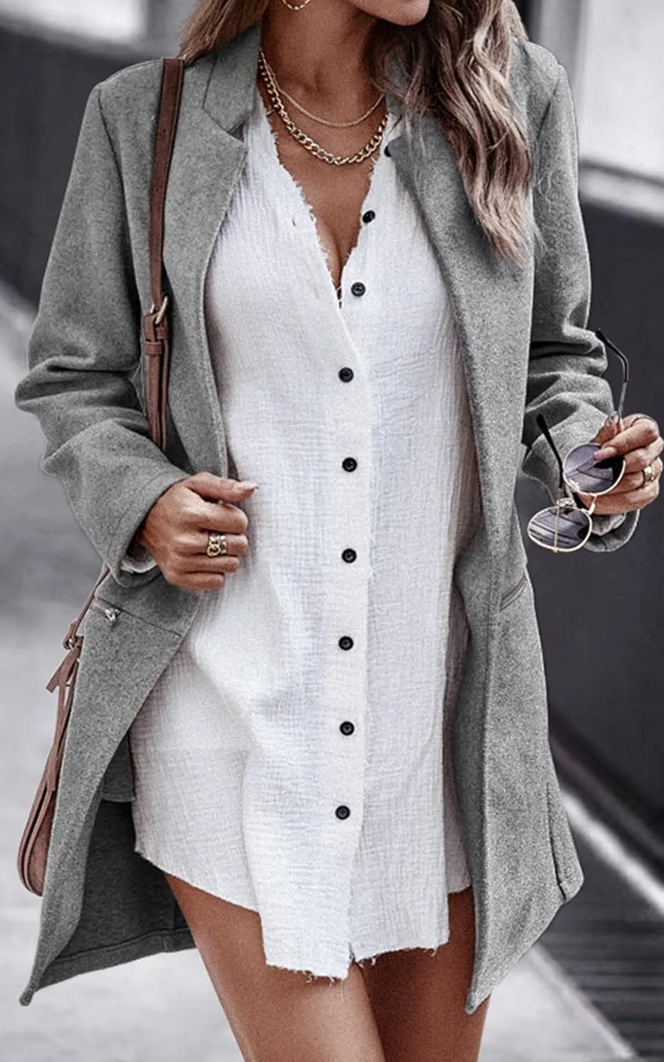 Angashion Womens Coat, Long Sleeve Stand Collar Cardigan Mid-Long Open Front Outwear Overcoat with Zipper Pockets