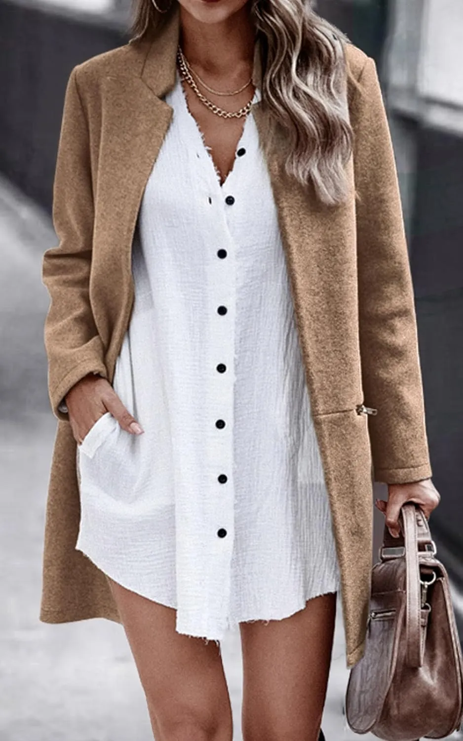 Angashion Womens Coat, Long Sleeve Stand Collar Cardigan Mid-Long Open Front Outwear Overcoat with Zipper Pockets
