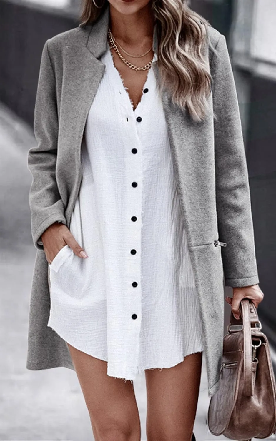 Angashion Womens Coat, Long Sleeve Stand Collar Cardigan Mid-Long Open Front Outwear Overcoat with Zipper Pockets