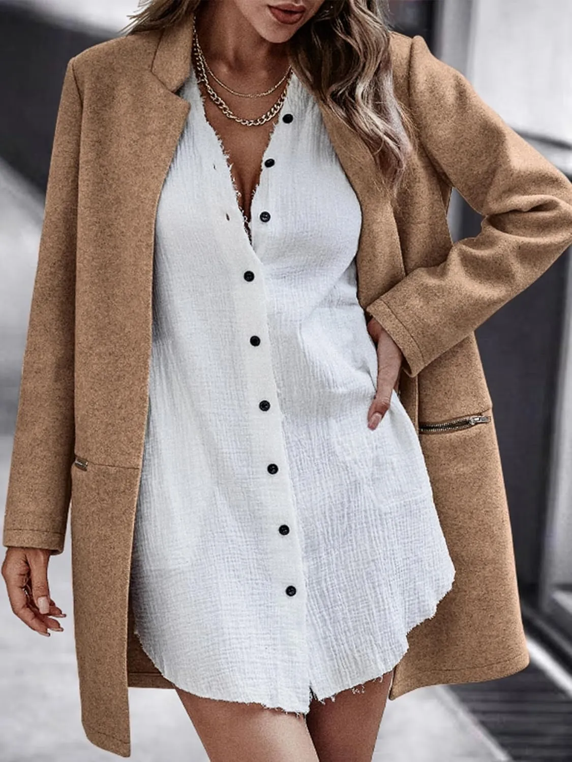 Angashion Womens Coat, Long Sleeve Stand Collar Cardigan Mid-Long Open Front Outwear Overcoat with Zipper Pockets