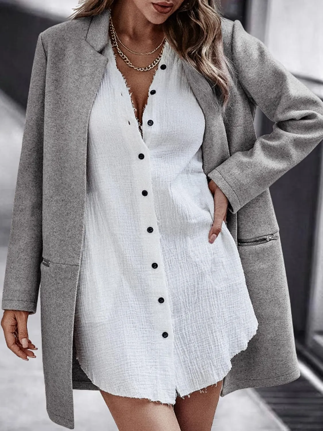 Angashion Womens Coat, Long Sleeve Stand Collar Cardigan Mid-Long Open Front Outwear Overcoat with Zipper Pockets