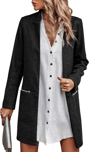 Angashion Womens Coat, Long Sleeve Stand Collar Cardigan Mid-Long Open Front Outwear Overcoat with Zipper Pockets