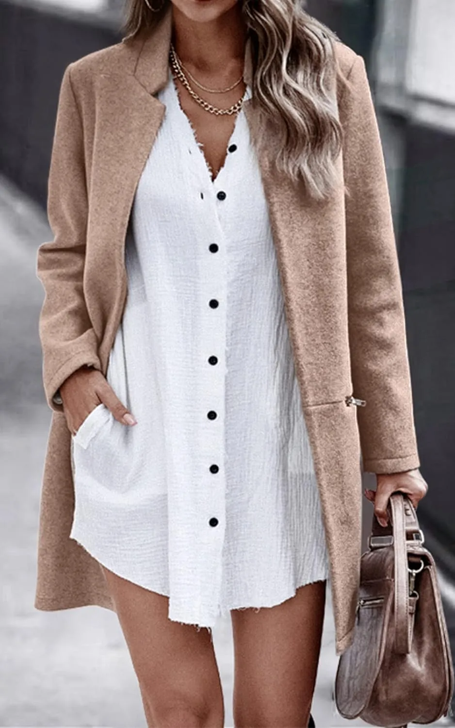 Angashion Womens Coat, Long Sleeve Stand Collar Cardigan Mid-Long Open Front Outwear Overcoat with Zipper Pockets