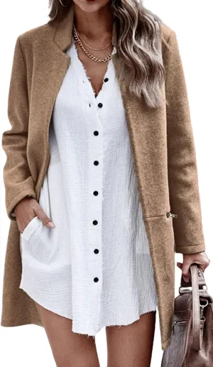 Angashion Womens Coat, Long Sleeve Stand Collar Cardigan Mid-Long Open Front Outwear Overcoat with Zipper Pockets