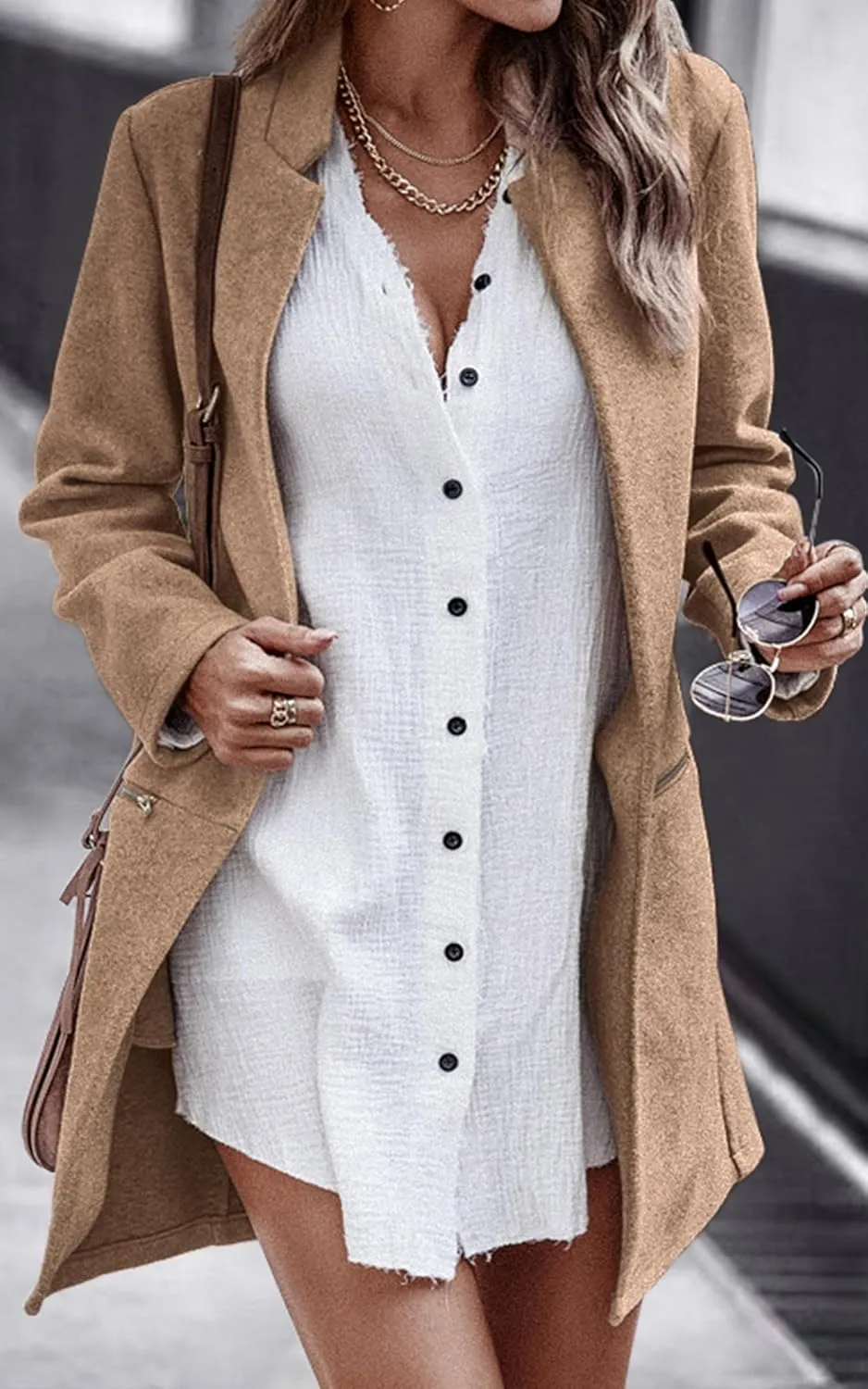 Angashion Womens Coat, Long Sleeve Stand Collar Cardigan Mid-Long Open Front Outwear Overcoat with Zipper Pockets