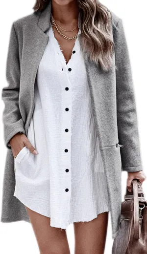 Angashion Womens Coat, Long Sleeve Stand Collar Cardigan Mid-Long Open Front Outwear Overcoat with Zipper Pockets