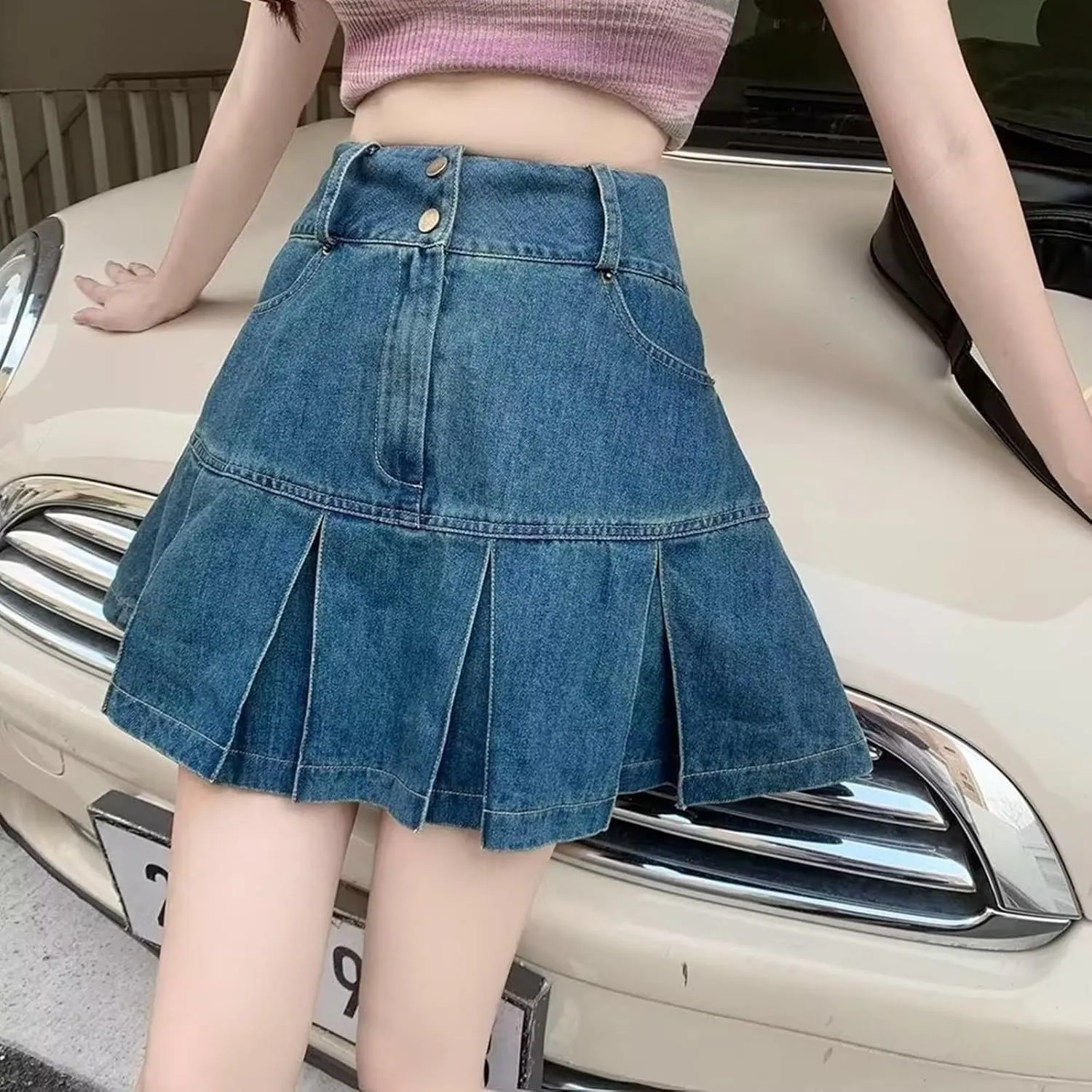 Aniywn Skorts Skirts for Women Denim Mini Skirt High Waisted Jean Shorts Women Cargo Skirt Denim Y2k Jean Dress with Pockets