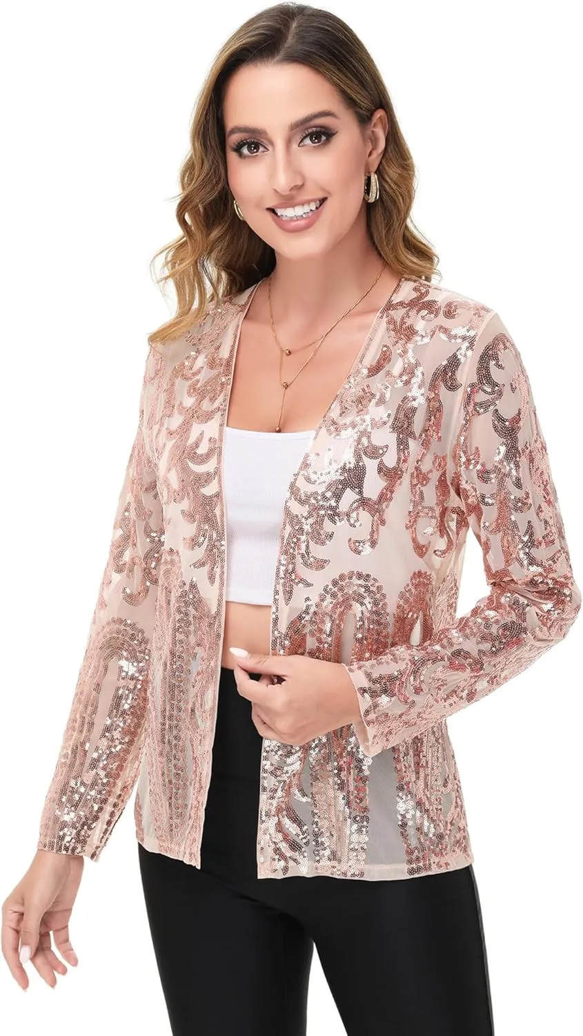 Anna-Kaci Women's Sparkly Sequin Cardigan Long Sleeve Open Front Glitter Party Evening Jacket