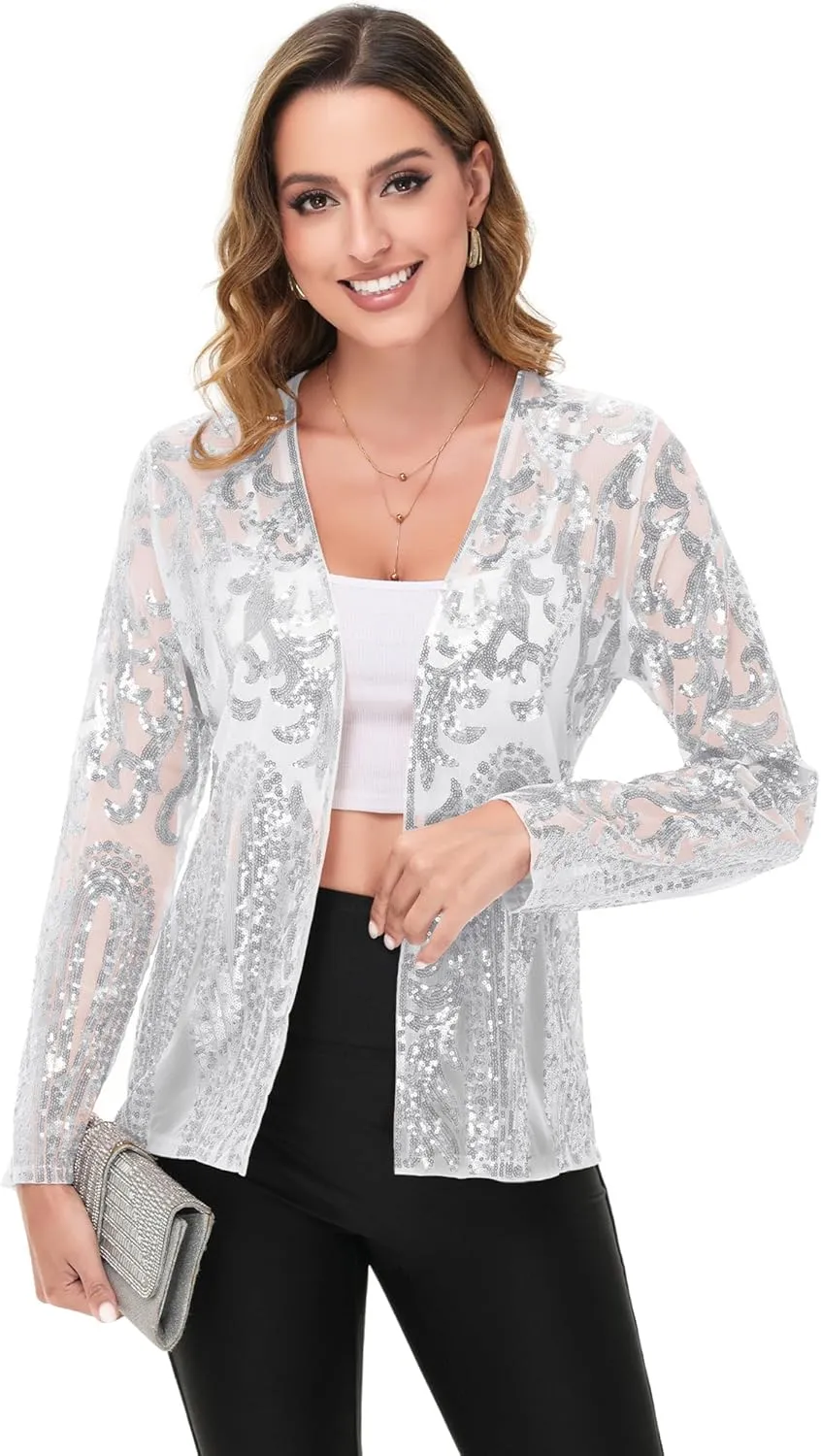Anna-Kaci Women's Sparkly Sequin Cardigan Long Sleeve Open Front Glitter Party Evening Jacket
