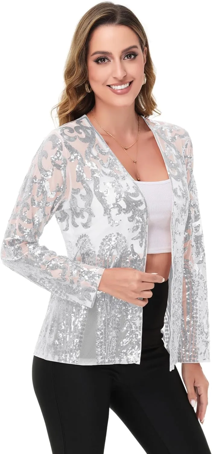 Anna-Kaci Women's Sparkly Sequin Cardigan Long Sleeve Open Front Glitter Party Evening Jacket