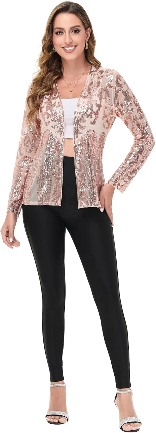 Anna-Kaci Women's Sparkly Sequin Cardigan Long Sleeve Open Front Glitter Party Evening Jacket