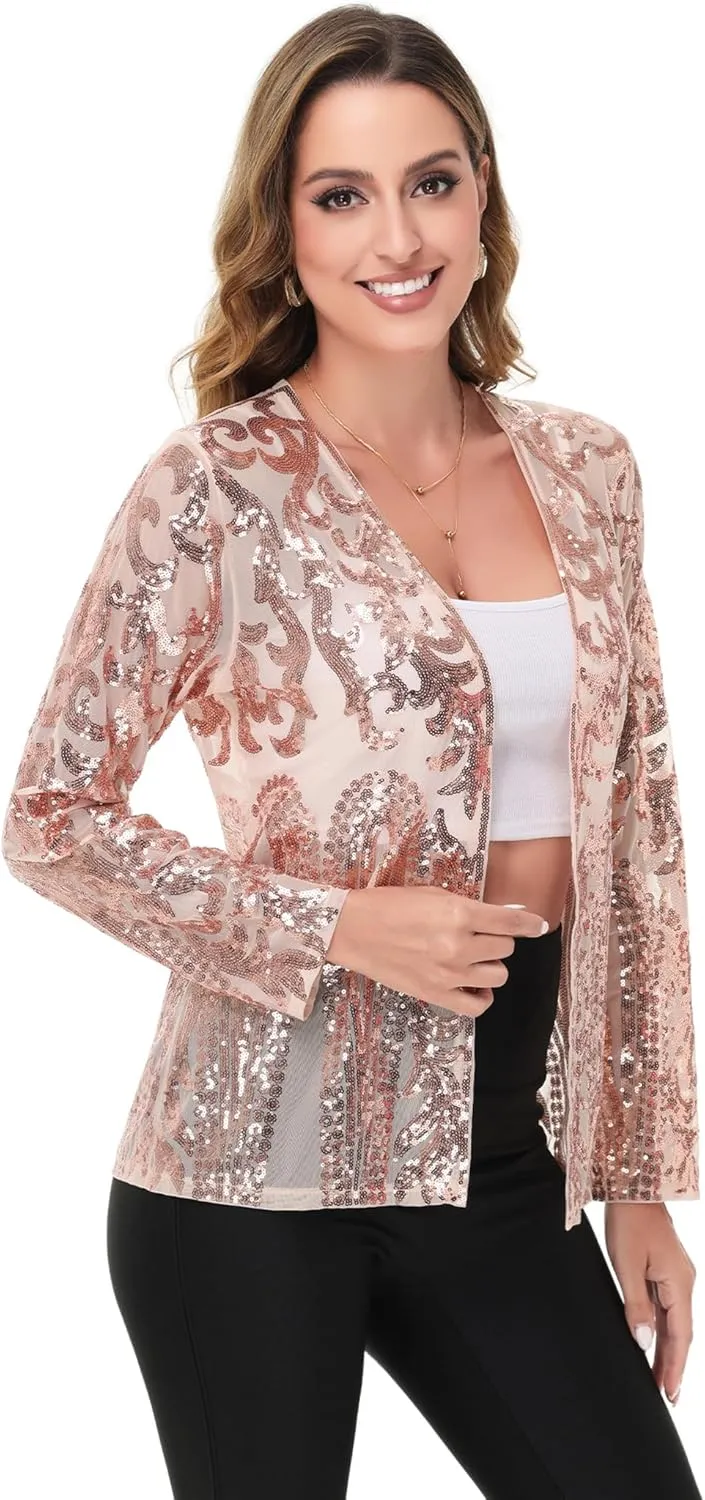 Anna-Kaci Women's Sparkly Sequin Cardigan Long Sleeve Open Front Glitter Party Evening Jacket