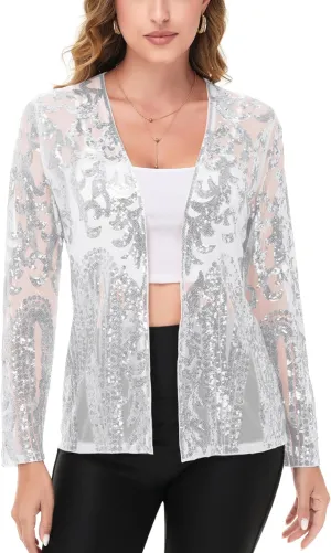 Anna-Kaci Women's Sparkly Sequin Cardigan Long Sleeve Open Front Glitter Party Evening Jacket