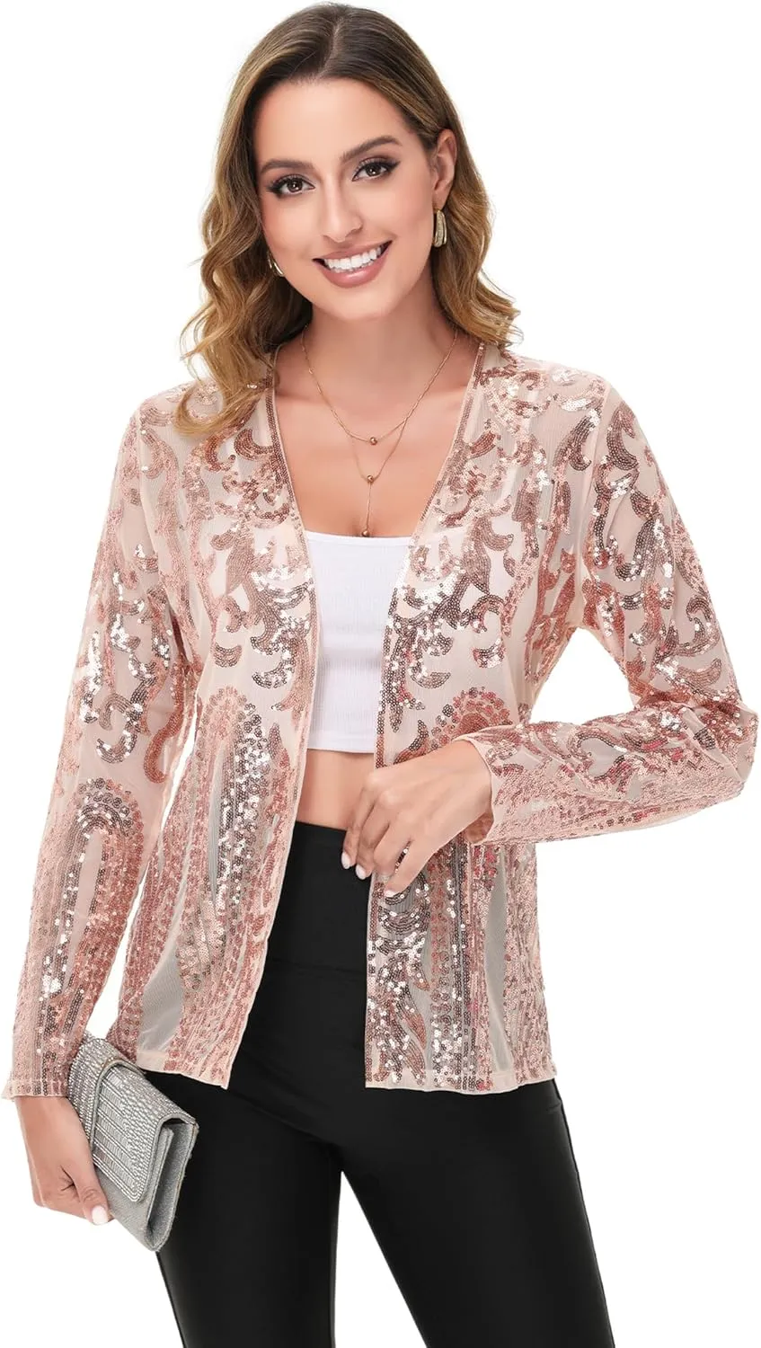 Anna-Kaci Women's Sparkly Sequin Cardigan Long Sleeve Open Front Glitter Party Evening Jacket