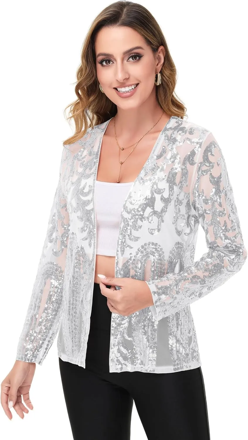Anna-Kaci Women's Sparkly Sequin Cardigan Long Sleeve Open Front Glitter Party Evening Jacket