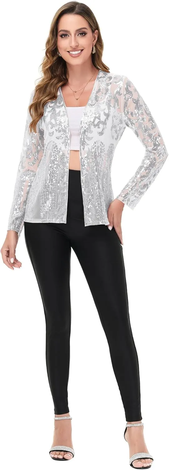Anna-Kaci Women's Sparkly Sequin Cardigan Long Sleeve Open Front Glitter Party Evening Jacket