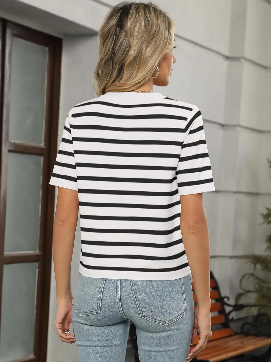 ANRABESS Women's Short Sleeve Cardigan Sweaters Summer Casual Crew Neck Knit Striped Button Down Cropped Dressy Blouses Tops